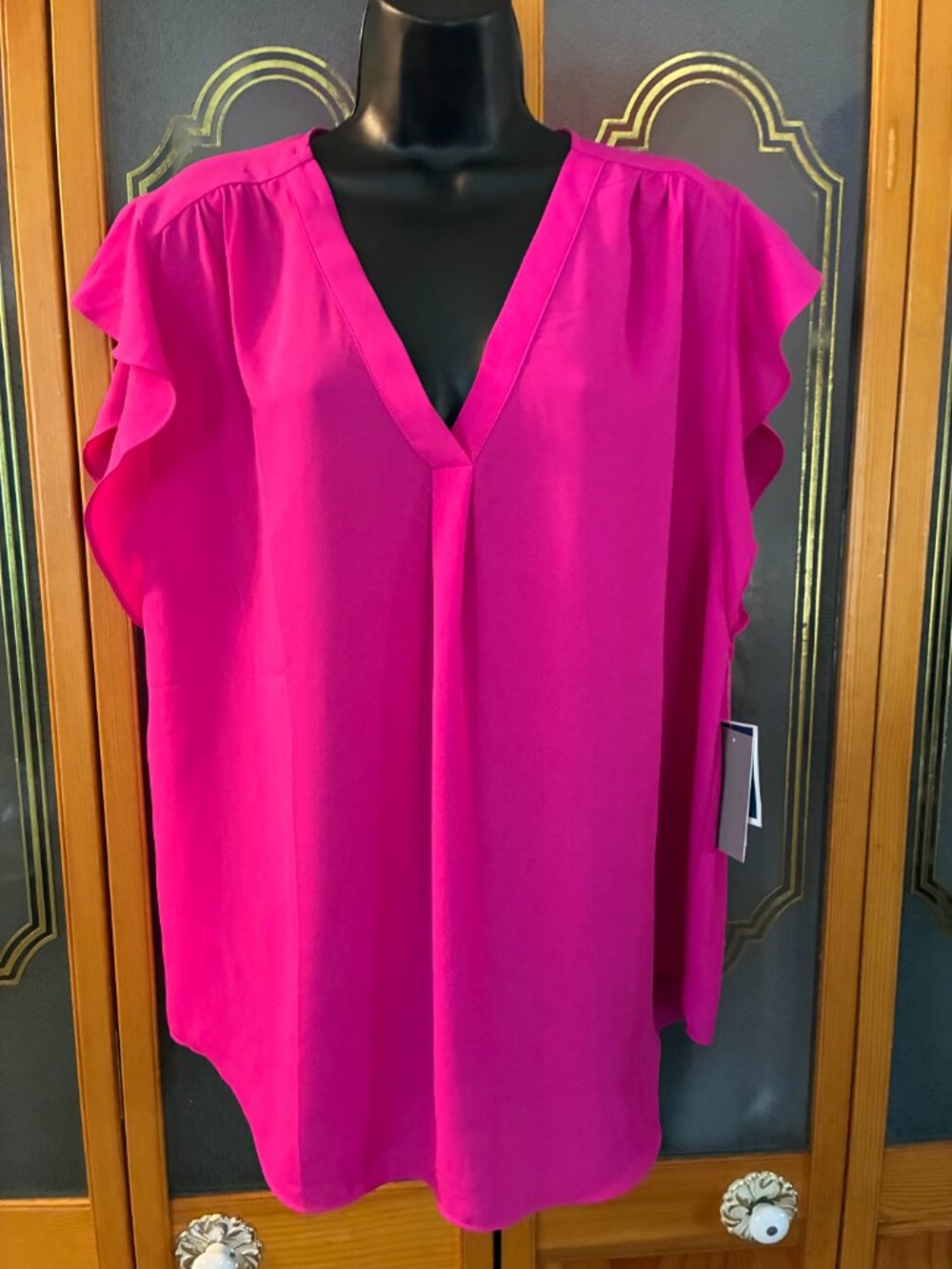 Bright Fuchsia Pink Flutter Sleeve V-Neck Blouse XL